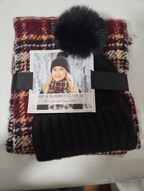 Black Pom Beanie & Burgundy Plaid Blanket Scarf Set